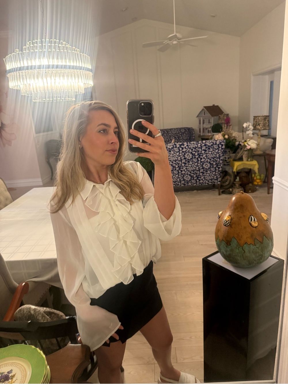 Steve Madden Ivory Ruffled Pintuck Sheer Blouse